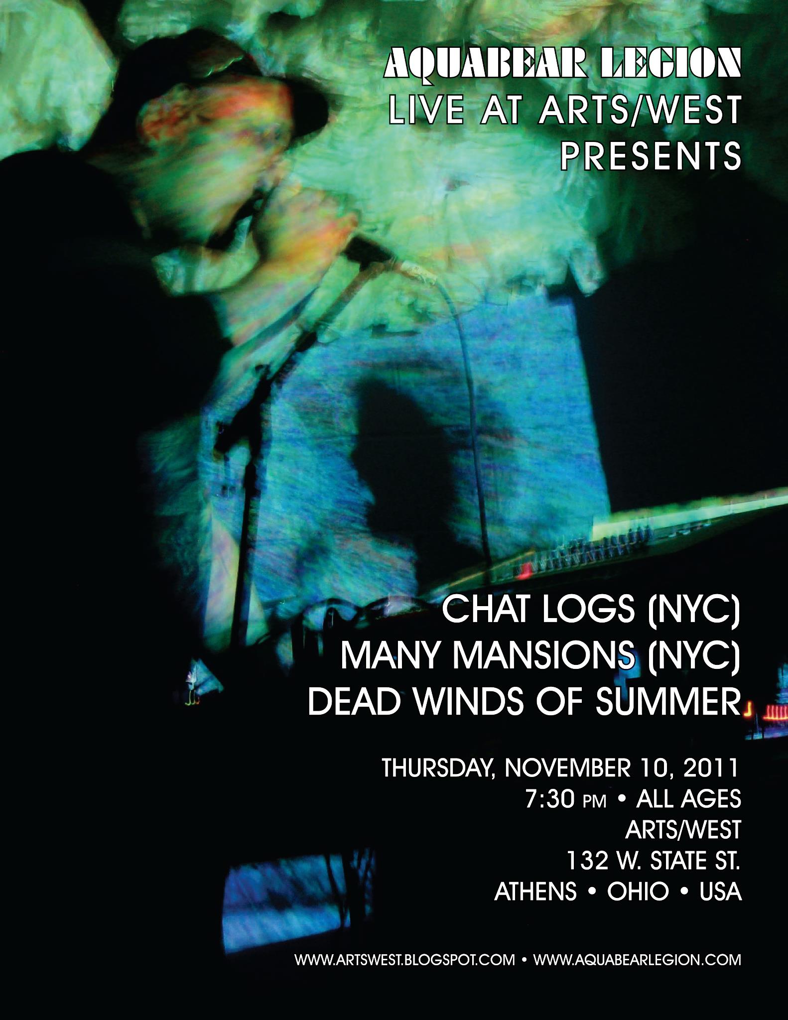 Aquabear at ARTS/West THIS THURSDAY: Chat Logs, Many Mansions, Dead Winds of Summer