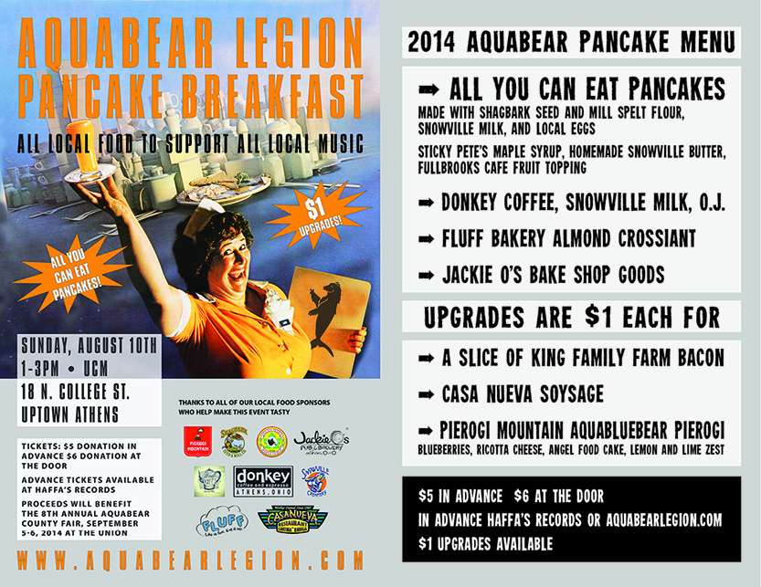 Here's the menu for this Sunday's all local Aquabear Pancake Breakfast! Get tickets below or at the door and remember to bring a few extra bucks for upgrades!
