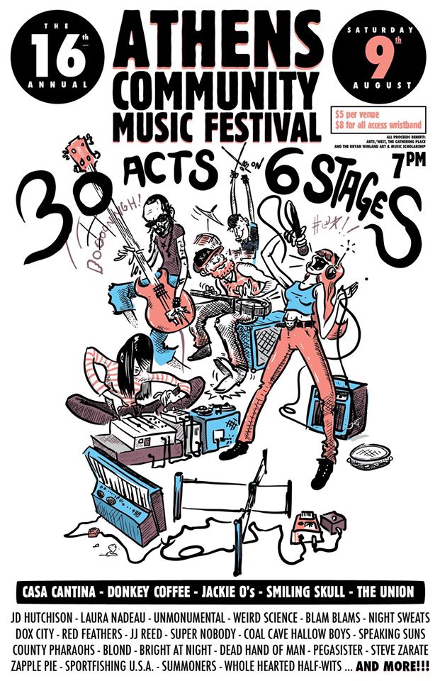 The 16th annual Athens Community Music Festival is this Saturday, August 9th. 32 Athens bands will perform at 6 stages around town.